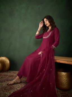 KVS FAB - Wine Silk Zari Sequence Embroidered Kurta and Pant with Dupatta (Set of 3)