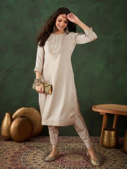 KVS FAB - Creme Satin Zari Sequence Embroidered Kurta with Dhoti (Set of 2)