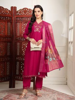 KVS FAB - Pink Roman Silk Hand Embroidered Kurta with Pant and Dupatta (Set of 3)