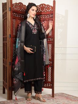 KVS FAB - Black Roman Silk Hand Embroidered Kurta with Pant and Dupatta (Set of 3)
