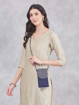 Fabindia - Navy Blue Polyester Embroidered Mobile Pouch