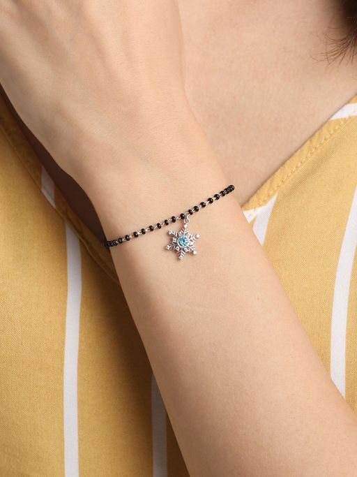 CLARA 925 Silver Rhodium Plated Black Beads Snowflake Hand Mangalsutra Bracelet Gift For Wife