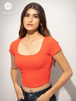 Twenty Dresses by Nykaa Fashion - Basics Coral Ribbed Casual Crop Tshirt