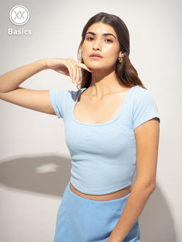 Twenty Dresses by Nykaa Fashion - Basics Blue Ribbed Casual Crop Tshirt