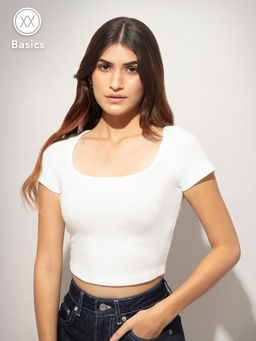 Twenty Dresses by Nykaa Fashion - Basics White Ribbed Casual Crop Tshirt