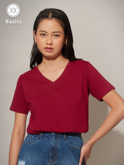 Twenty Dresses by Nykaa Fashion - Basics Wine Solid V Neck T-shirt
