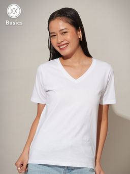 Twenty Dresses by Nykaa Fashion - Basics White Solid V Neck T-shirt