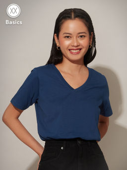 Twenty Dresses by Nykaa Fashion - Basics Navy Blue Solid V Neck T-shirt
