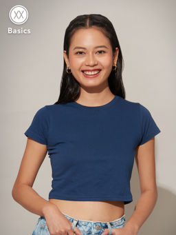 Twenty Dresses by Nykaa Fashion - Basics Navy Blue Solid Round Neck Fitted Crop T-shirt