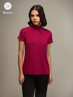 Twenty Dresses by Nykaa Fashion - Basics Magenta High Neck Short Sleeves T-shirt