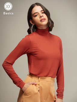 Twenty Dresses by Nykaa Fashion - Basics Brown Solid High Neck T-shirt