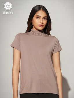 Twenty Dresses by Nykaa Fashion - Basics Taupe High Neck Short Sleeves T-shirt