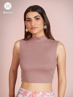 Twenty Dresses by Nykaa Fashion - Basics Taupe Solid Ribbed Sleeveless Crop Tshirt
