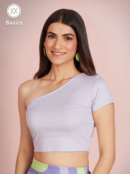 Twenty Dresses by Nykaa Fashion - Basics Lilac Solid Ribbed One Shoulder Sleeve Tshirt