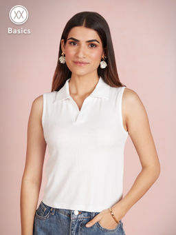 Twenty Dresses by Nykaa Fashion - Basics White Solid Ribbed Sleeveless Tshirt