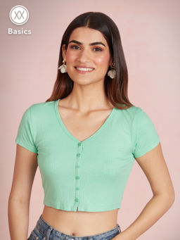 Twenty Dresses by Nykaa Fashion - Basics Light Green Solid Ribbed Crop Tshirt