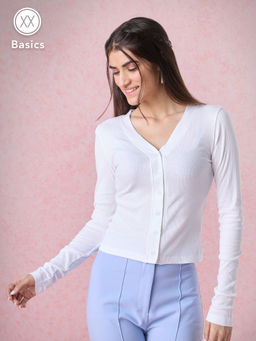 Twenty Dresses by Nykaa Fashion - Basics White Solid Ribbed Full Sleeves Tshirt