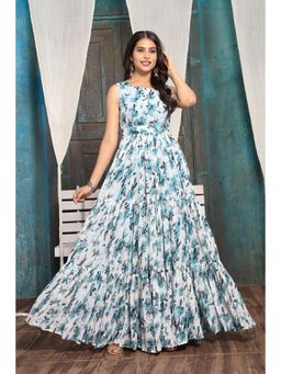 Gahan - Turquoise Floral Printed Majestic Styles Belted Maxi Dress