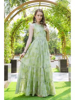 Gahan - Green Printed Refined Elegance Belted Maxi Dress