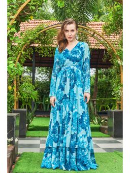 Gahan - Turquoise Floral Printed Fashion Focused Belted Maxi Dress