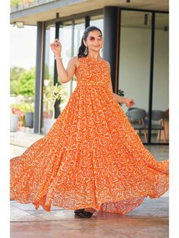 Gahan - Orange Paisley Refined Elegance Belted Maxi Dress