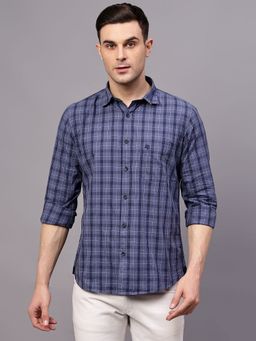 Cantabil - Men Navy Blue Checkered Full Sleeves Casual Shirt