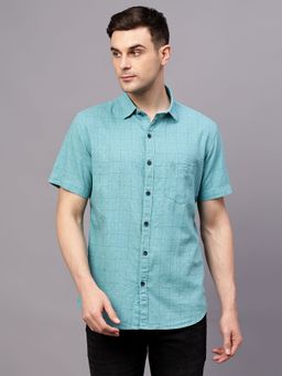 Cantabil - Men Turquoise Blue Checkered Half Sleeves Casual Shirt