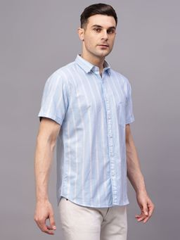 Cantabil - Men Sky Blue Striped Half Sleeves Casual Shirt