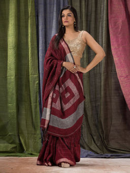 Angoshobha - Maroon Traditional Linen Jamdani Saree with Unstitched Blouse