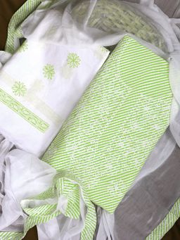 ADA - Hand Embroidered Green Cotton Lucknowi Chikankari Unstitched Dress Material (Set of 3)
