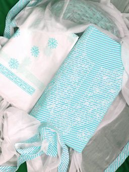 ADA - Hand Embroidered Blue Cotton Lucknowi Chikankari Unstitched Dress Material (Set of 3)