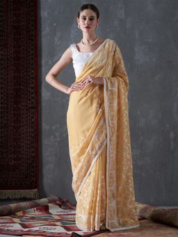 Akhilam - Womens Organza Yellow Embroidered Designer Saree with Unstitched Blouse