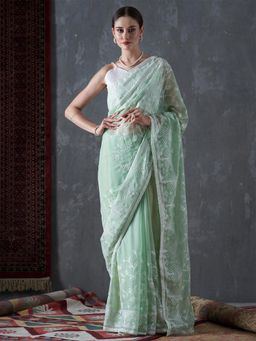 Akhilam - Womens Organza Sea Green Embroidered Designer Saree with Unstitched Blouse