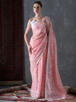 Akhilam - Womens Organza Pink Embroidered Designer Saree with Unstitched Blouse