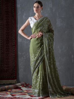 Akhilam - Womens Organza Olive Embroidered Designer Saree with Unstitched Blouse
