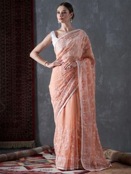 Akhilam - Womens Organza Peach Embroidered Designer Saree with Unstitched Blouse