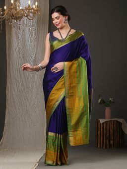 Akhilam - Womens Aura Silk Navy Blue Woven Design Designer Saree with Unstitched Blouse