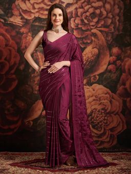 Akhilam - Womens Georgette Magenta Embellished Designer Saree with Unstitched Blouse