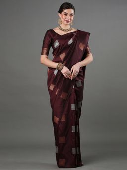 Akhilam - Womens Silk Blend Burgundy Woven Design Designer Saree with Unstitched Blouse
