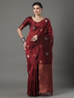 Akhilam - Womens Silk Blend Maroon Woven Design Designer Saree with Unstitched Blouse