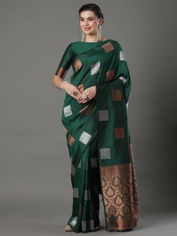 Akhilam - Womens Silk Blend Green Woven Design Designer Saree with Unstitched Blouse