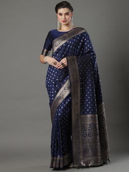 Akhilam - Womens Silk Blend Navy Blue Woven Design Designer Saree with Unstitched Blouse