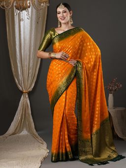 Akhilam - Womens Georgette Yellow Woven Design Designer Saree with Unstitched Blouse