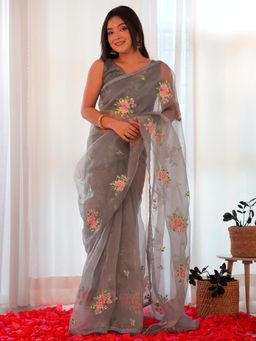 Sareemall - Womens Organza Grey Embroidered Designer Saree with Unstitched Blouse