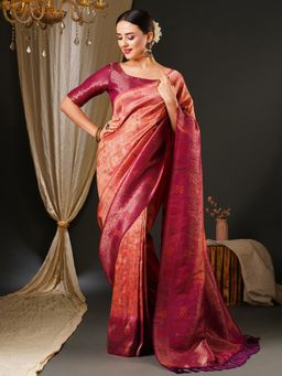 Akhilam - Womens Kanjeevaram Silk Pink Woven Design Celebrity Saree with Unstitched Blouse