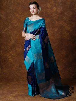 Akhilam - Womens Silk Blend Navy Blue Woven Design Designer Saree with Unstitched Blouse
