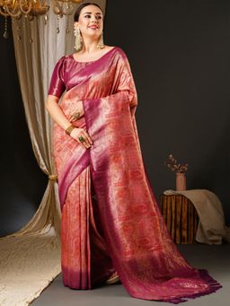 Akhilam - Womens Kanjeevaram Silk Pink Woven Design Celebrity Saree with Unstitched Blouse
