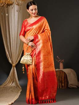 Akhilam - Womens Kanjeevaram Silk Peach Woven Design Celebrity Saree with Unstitched Blouse