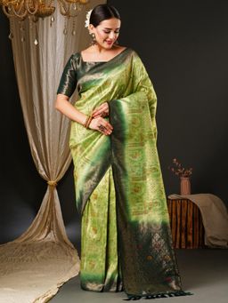 Akhilam - Womens Kanjeevaram Silk Light Green Woven Design Celebrity Saree with Unstitched Blouse