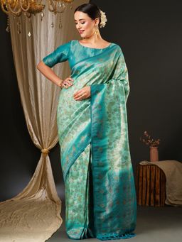 Akhilam - Womens Kanjeevaram Silk Blue Woven Design Celebrity Saree with Unstitched Blouse